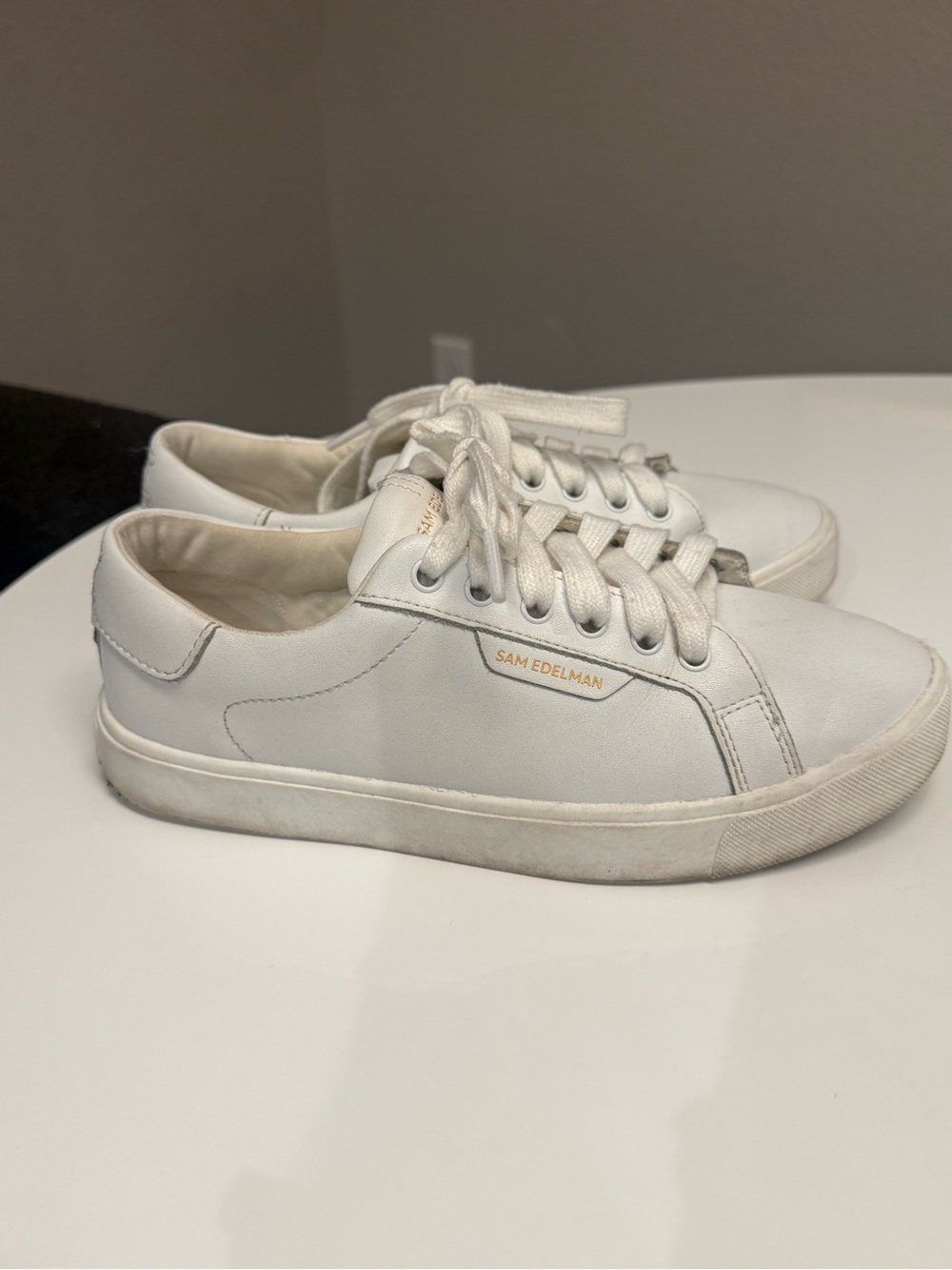 Sam Edelman White Leather Low-Top Lace-Up Sneakers with Gold Logo